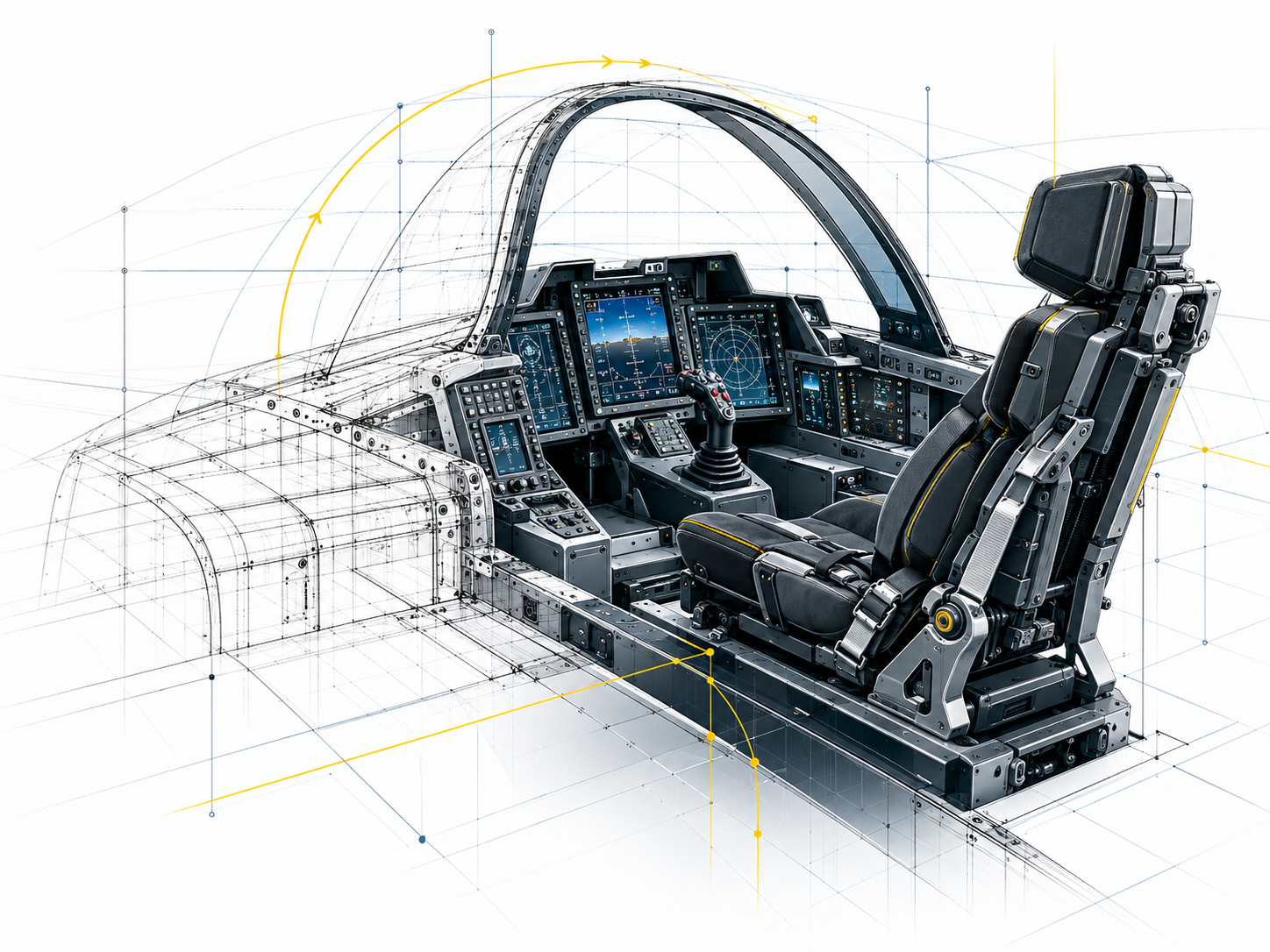 A cockpit concept transitioning from fine linework to a shaded assembly.