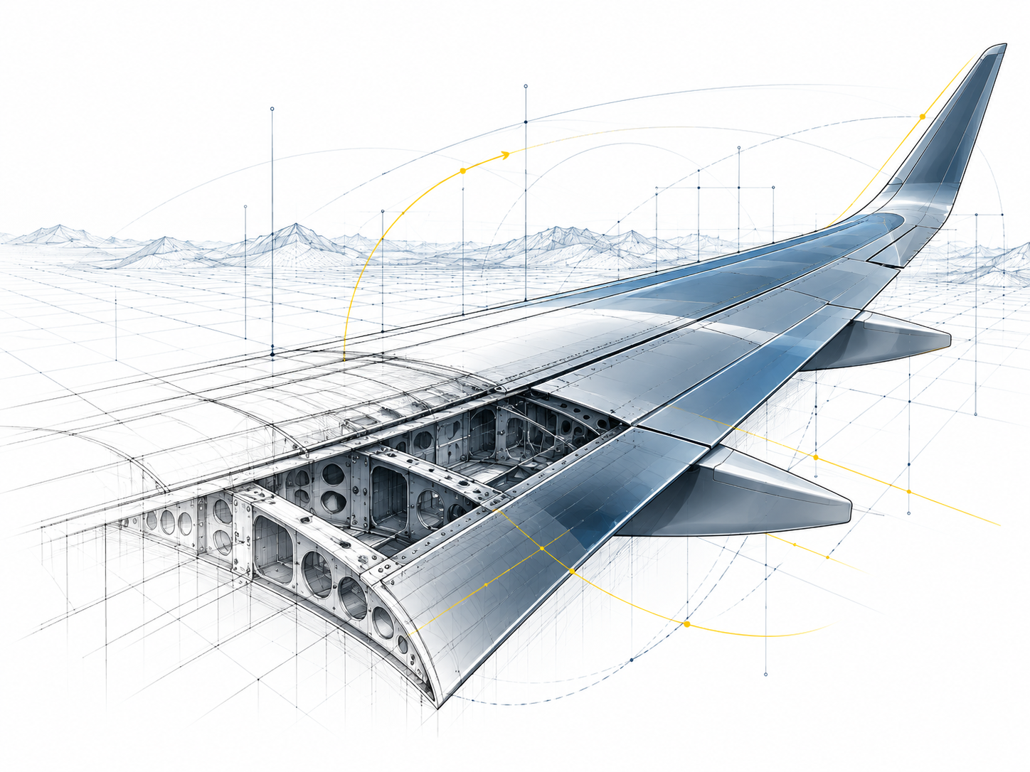 A fixed-wing concept blending rendered surfaces and technical linework.