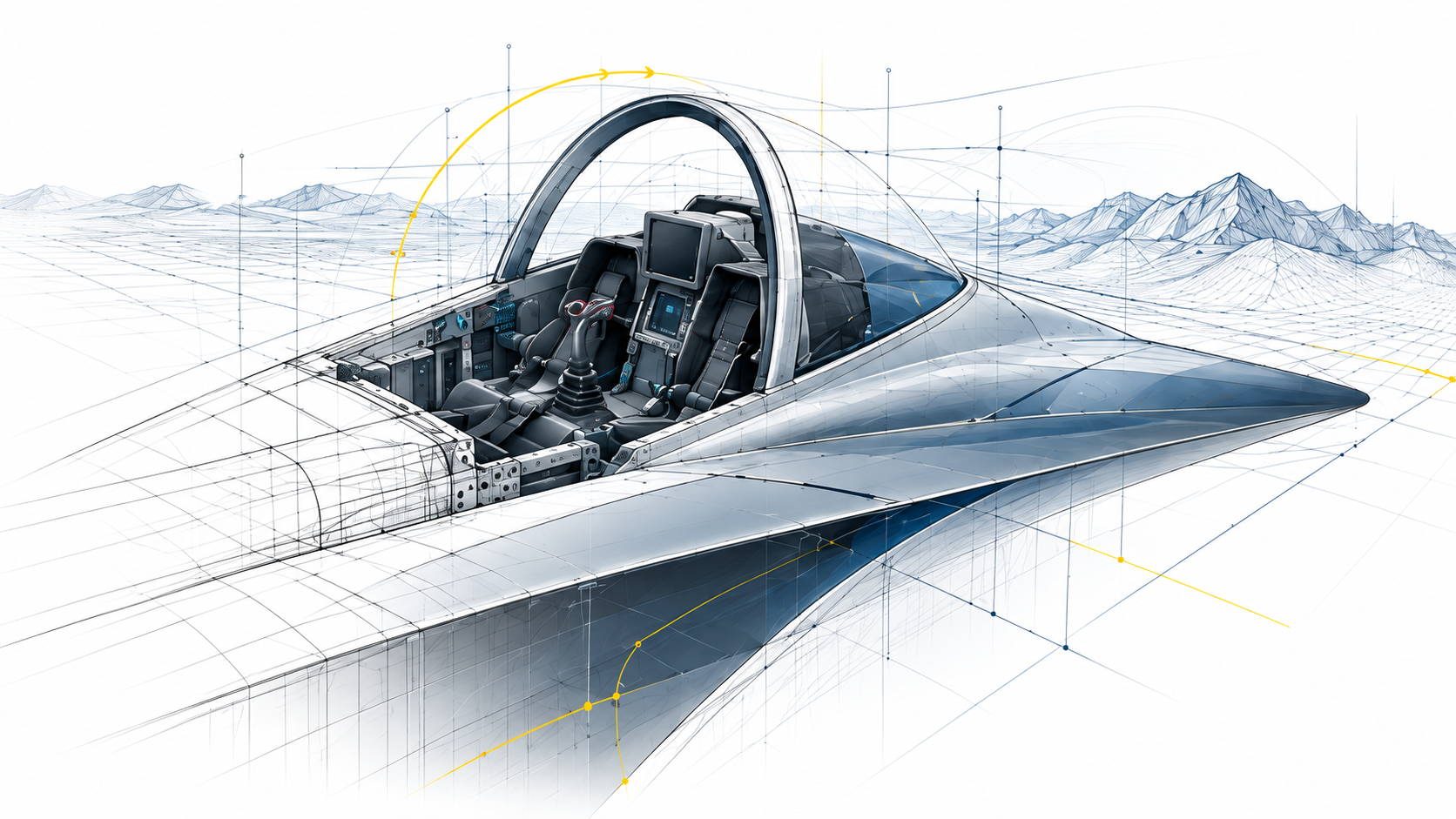 A fighter-style cockpit and wing morphing from engineering linework into a shaded 3D concept.