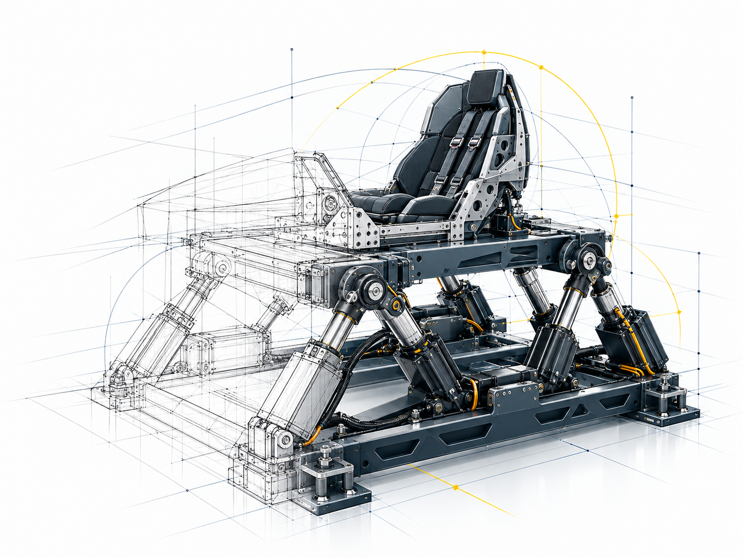 Illustrative mechanical simulator assembly fading into an engineering sketch.